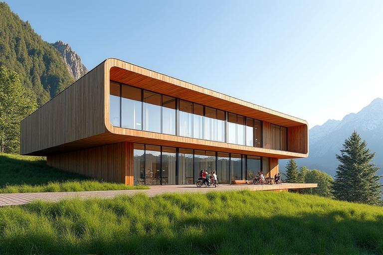 Modernes Bürogebäude aus nachhaltigem Holzbau in den Glarner Alpen.